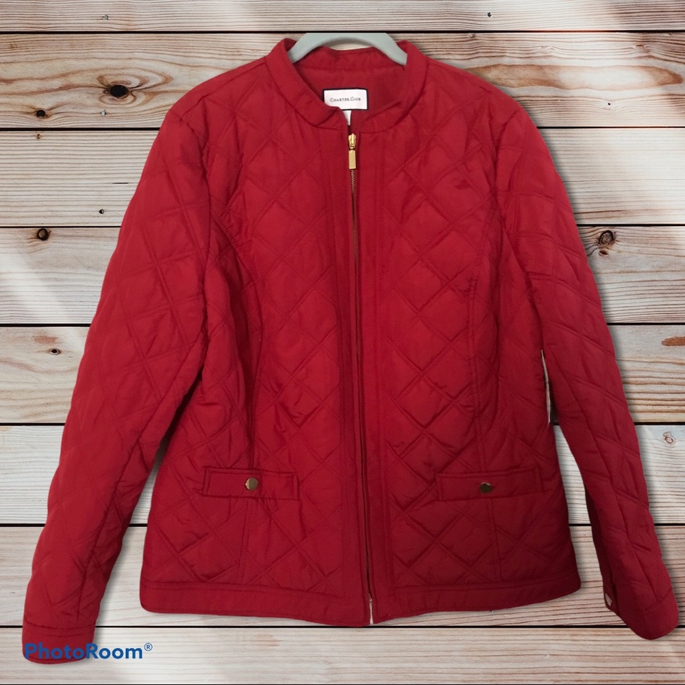 Charter Club Quilted Jacket Zipper Red NWT L